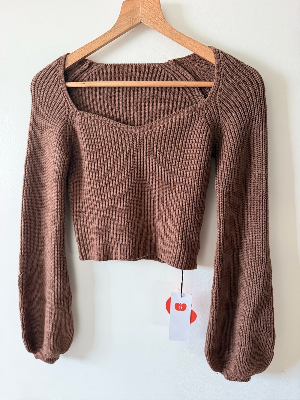 Brown Ribbed Sweetheart Neck Cropped Sweater